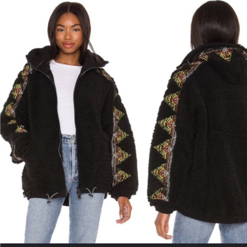 FP Movement by Free People Black Teddy Jacket with Patterned Sleeves